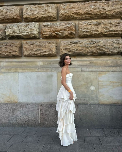 Elegant White Strapless Tiered Ruffle Slit Long Ball Gown Evening Dress TP2513