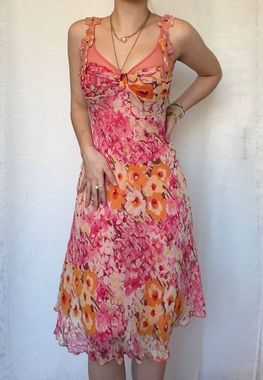 Vintage Pink Printed V Neck Sleeveless Chiffon Prom Dress Evening Dress TP2517