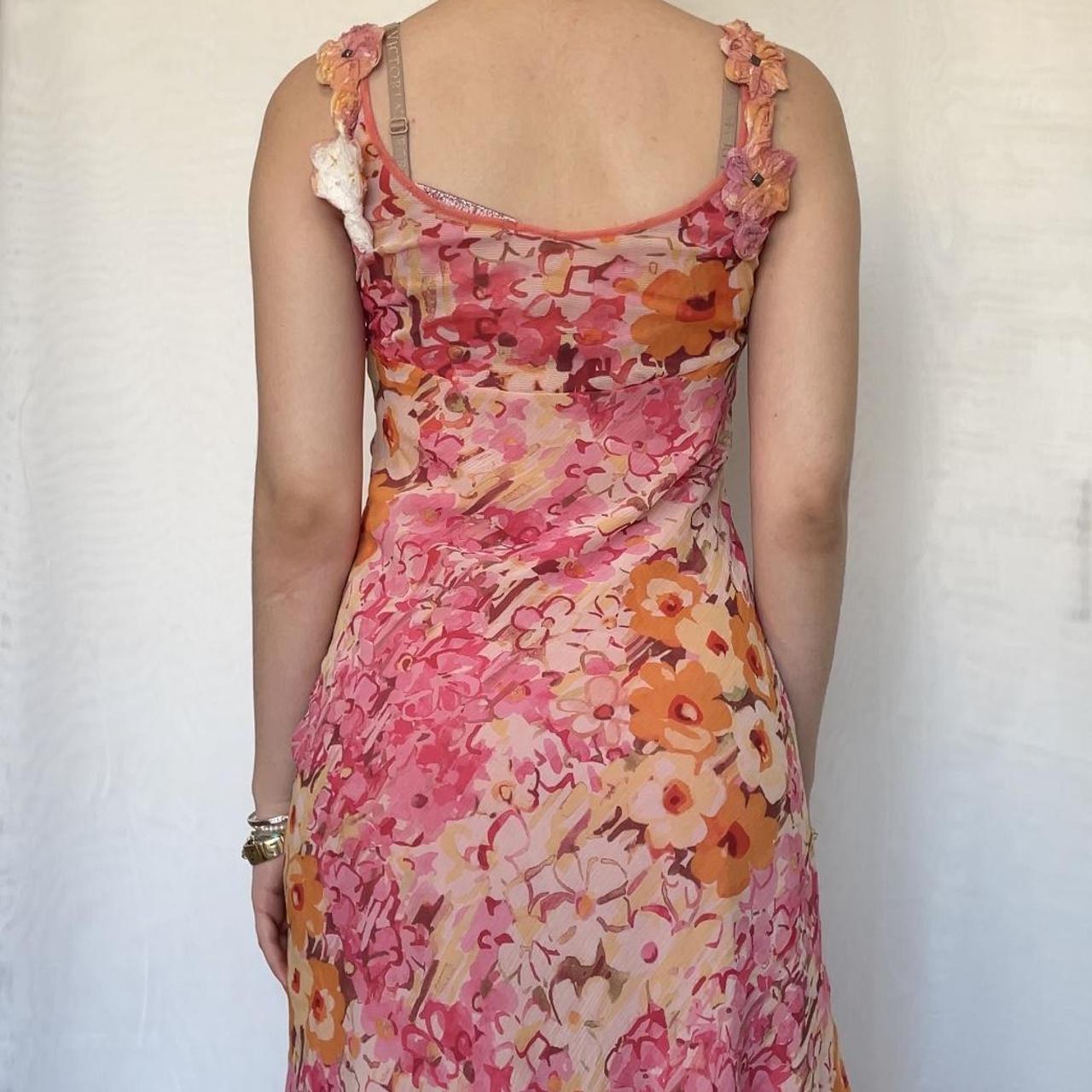 Vintage Pink Printed V Neck Sleeveless Chiffon Prom Dress Evening Dress TP2517