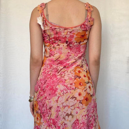Vintage Pink Printed V Neck Sleeveless Chiffon Prom Dress Evening Dress TP2517