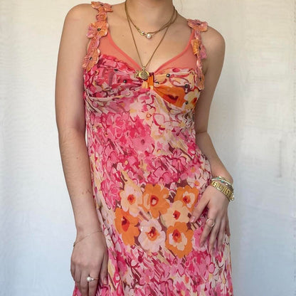 Vintage Pink Printed V Neck Sleeveless Chiffon Prom Dress Evening Dress TP2517