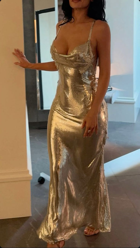 Shiny Gold Spaghetti Strap Sleeveless Low Cut Backless Mermaid Long Prom Dress Evening Dress TP2521