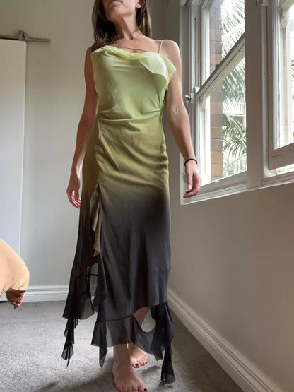 Gradient Green Spaghetti Strap Chiffon Sleeveless Ruffle Ankle Length Ball Gown Evening Dress TP2523