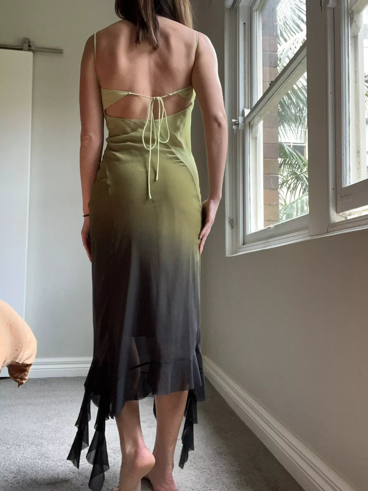 Gradient Green Spaghetti Strap Chiffon Sleeveless Ruffle Ankle Length Ball Gown Evening Dress TP2523