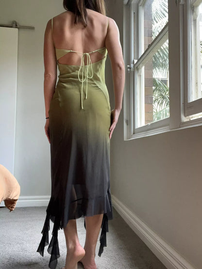 Gradient Green Spaghetti Strap Chiffon Sleeveless Ruffle Ankle Length Ball Gown Evening Dress TP2523