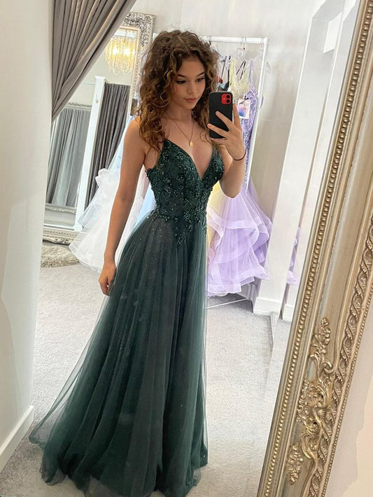 Sexy Green Spaghetti Strap V Neck A-Line Tulle Floor Length Prom Dress Evening Dress TP2524
