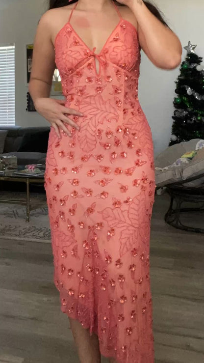 Vintage Pink Halter Neck Sequin Beads Long Prom Dress Evening Dress TP2527