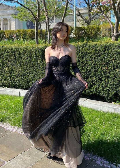 Elegant Black Strapless Sweetheart Neck Tulle Long A-Line Prom Dress Evening Dress TP2529