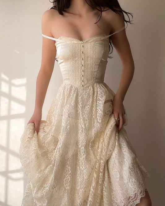 Vintage Ivory Spaghetti Strap Lace A-Line Prom Dress Wedding Dress TP2530