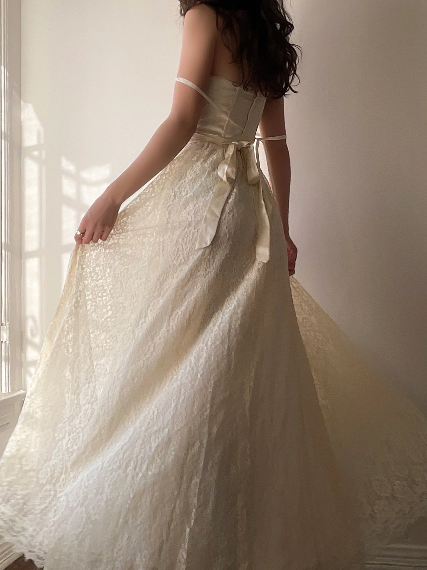 Vintage Ivory Spaghetti Strap Lace A-Line Prom Dress Wedding Dress TP2530