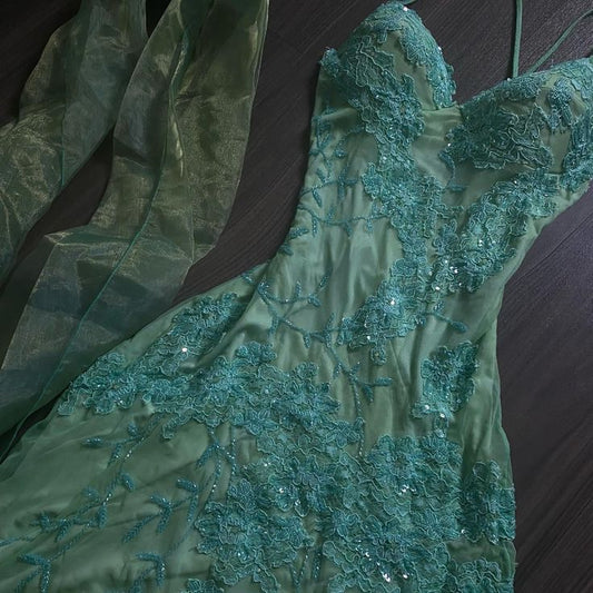 Vintage Green V-neck Straps Sleeveless Sequined Lace Irregular Skirt Prom Dress Evening Dress TP2531