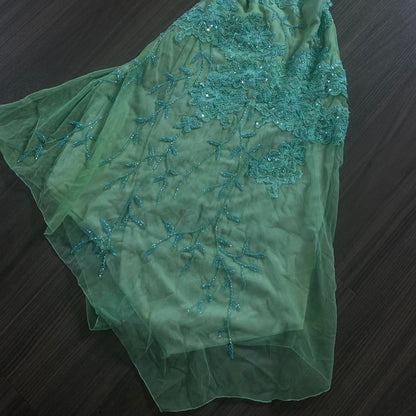 Vintage Green V-neck Straps Sleeveless Sequined Lace Irregular Skirt Prom Dress Evening Dress TP2531
