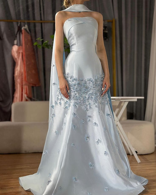 Elegant Blue A-line Strapless Satin Floor Length Formal Prom Dress Evening Dress TP2532
