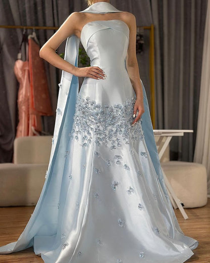 Elegant Blue A-line Strapless Satin Floor Length Formal Prom Dress Evening Dress TP2532