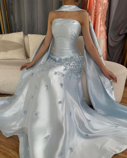 Elegant Blue A-line Strapless Satin Floor Length Formal Prom Dress Evening Dress TP2532