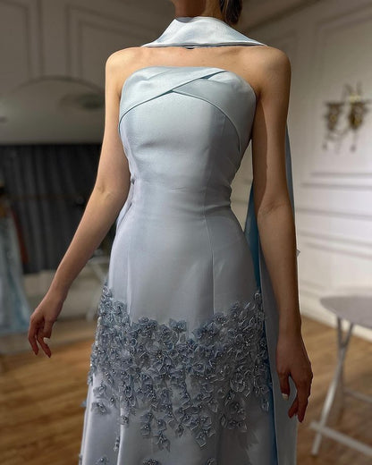 Elegant Blue A-line Strapless Satin Floor Length Formal Prom Dress Evening Dress TP2532