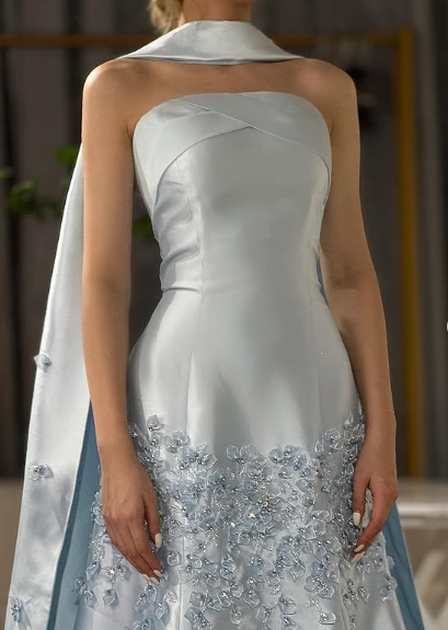 Elegant Blue A-line Strapless Satin Floor Length Formal Prom Dress Evening Dress TP2532