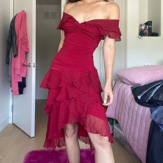 Sexy Burgundy Off-Shoulder Ruffled Irregular Skirt Short Party Dress Homecoming Dress TP2545