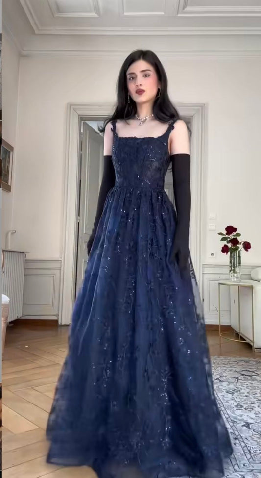 Elegant A-Line Navy Strap Lace Long Prom Dress Evening Gown TP2551