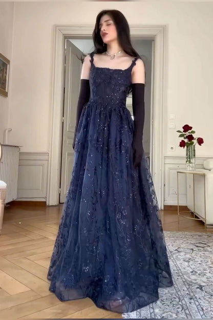 Elegant A-Line Navy Strap Lace Long Prom Dress Evening Gown TP2551