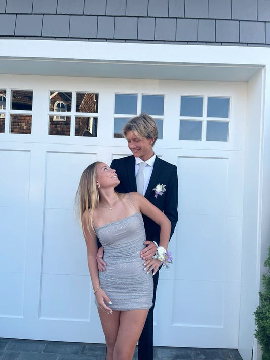Silver Grey Strapless Shiny Bodycon Mini Party Dress Homecoming Dress TP2557