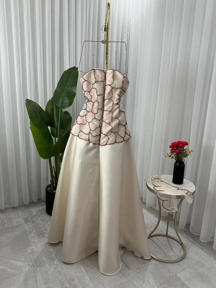 Elegant A-Line Strapless Beaded Satin Long Formal Prom Dress Evening Gown TP2558