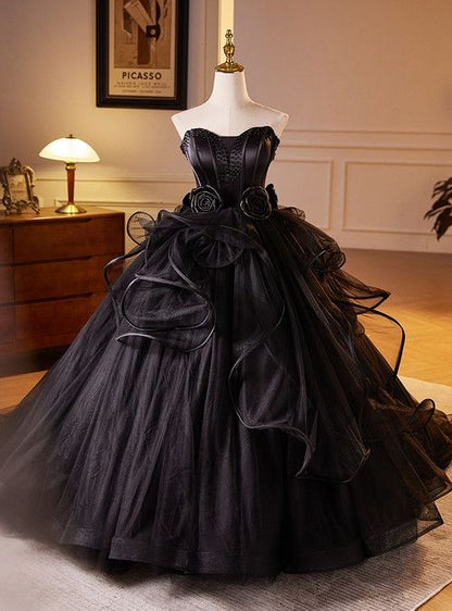 Formal Evening Gown Black Off Shoulder Sleeveless A Line Tulle Floor Length Evening Gown Prom Dress TP2562