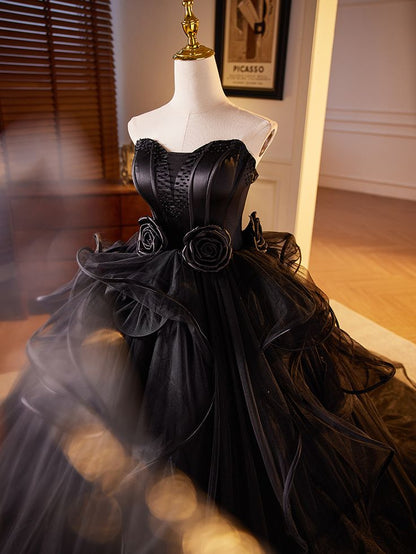 Formal Evening Gown Black Off Shoulder Sleeveless A Line Tulle Floor Length Evening Gown Prom Dress TP2562