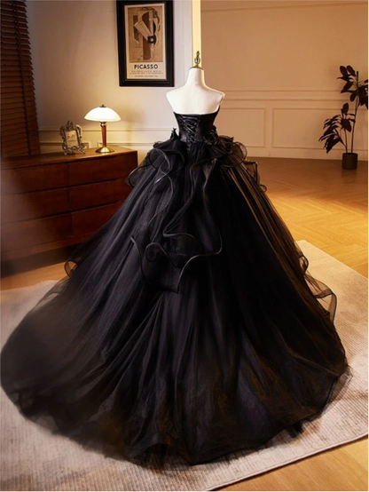 Formal Evening Gown Black Off Shoulder Sleeveless A Line Tulle Floor Length Evening Gown Prom Dress TP2562