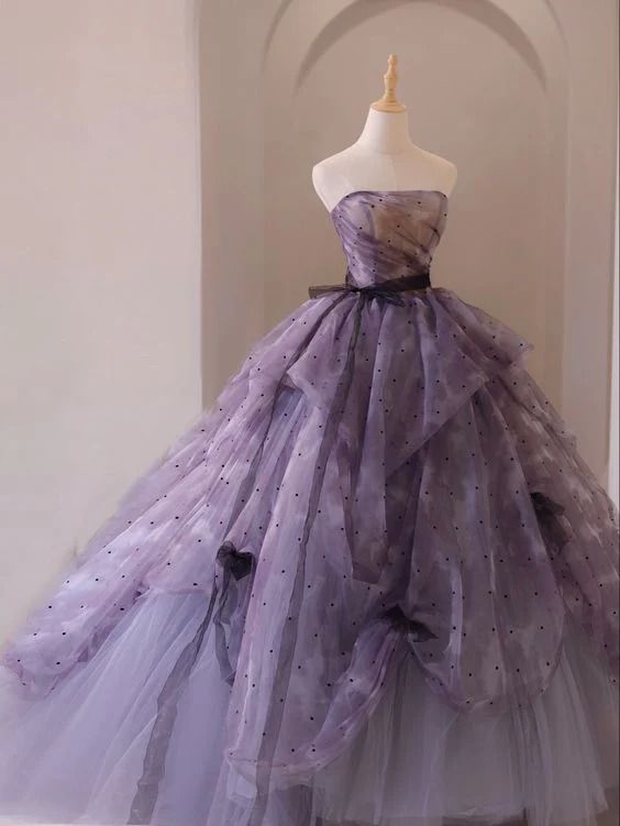 Dreamy Purple A-line Strapless Tulle Long Prom Dress Princess Dress TP2564