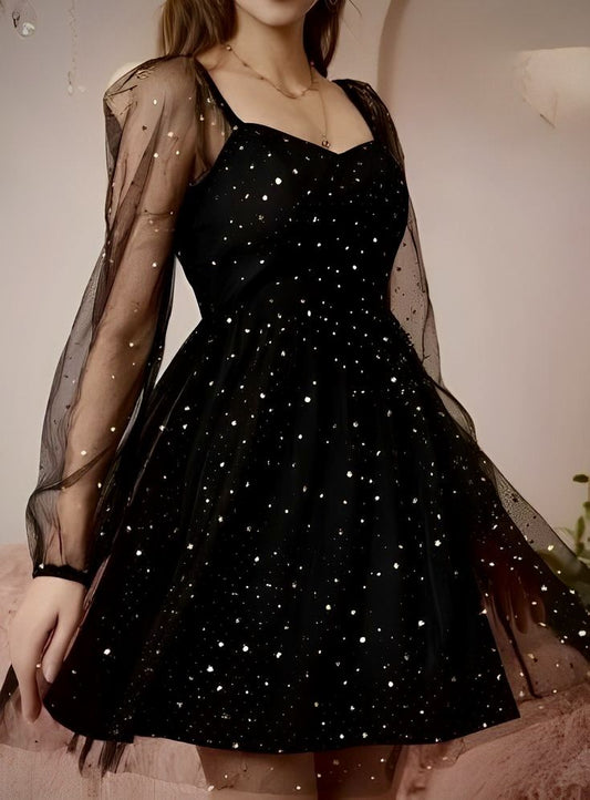 Black A-Line Long Sleeve Tulle Sequin Short Prom Dress Homecoming Dress TP2570