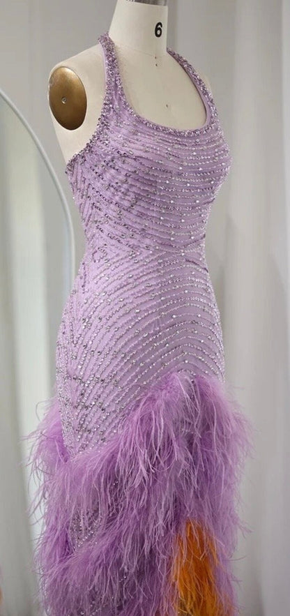 Shiny Purple Halter Neck Sleeveless Sequin Mermaid Prom Dress Evening Dress TP2573