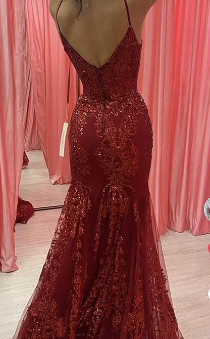 Sexy Burgundy Strapless V-Neck Mermaid Sequined Ball Gown Evening Dress TP2576