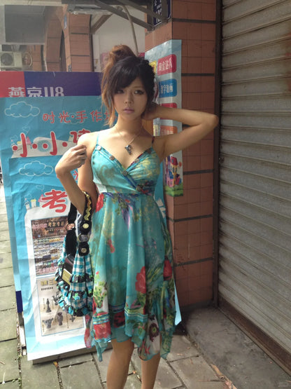 Vintage Strapless V Neck Sleeveless Chiffon Printed Short Party Dress Homecoming Dress TP2578