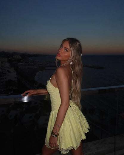 Sexy Light Yellow Off Shoulder Halter Neck Lace A-Line Mini Party Dress Homecoming Dress TP2579