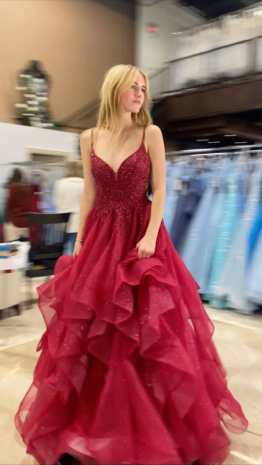 Elegant Burgundy A-line Spaghetti Strap Shiny Prom Dress Evening Dress TP2580