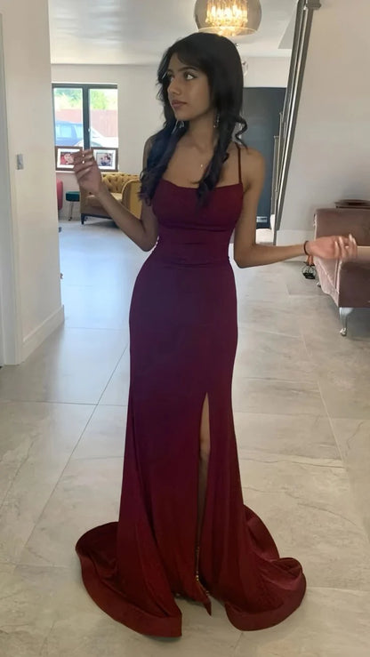Sexy Mermaid Off-shoulder Burgundy Slit Floor-length Prom Dress Evening Dress TP2581