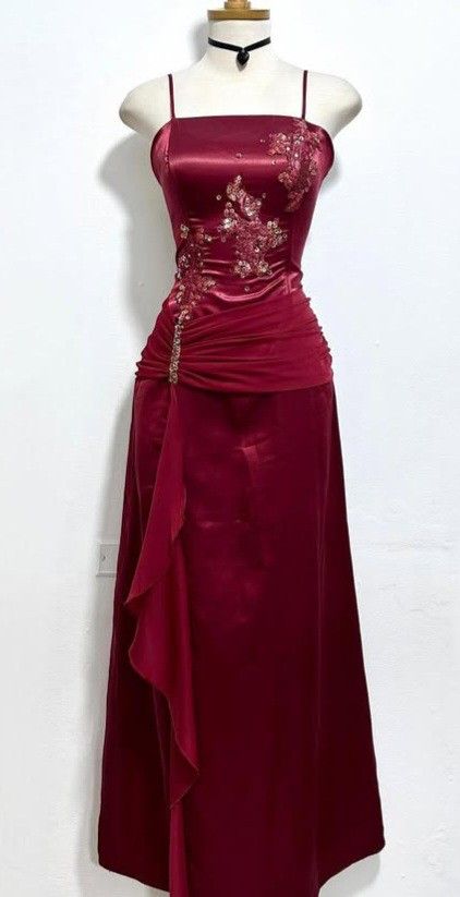 Vintage wine red suspender satin sequin A-line prom dress evening dress TP2582