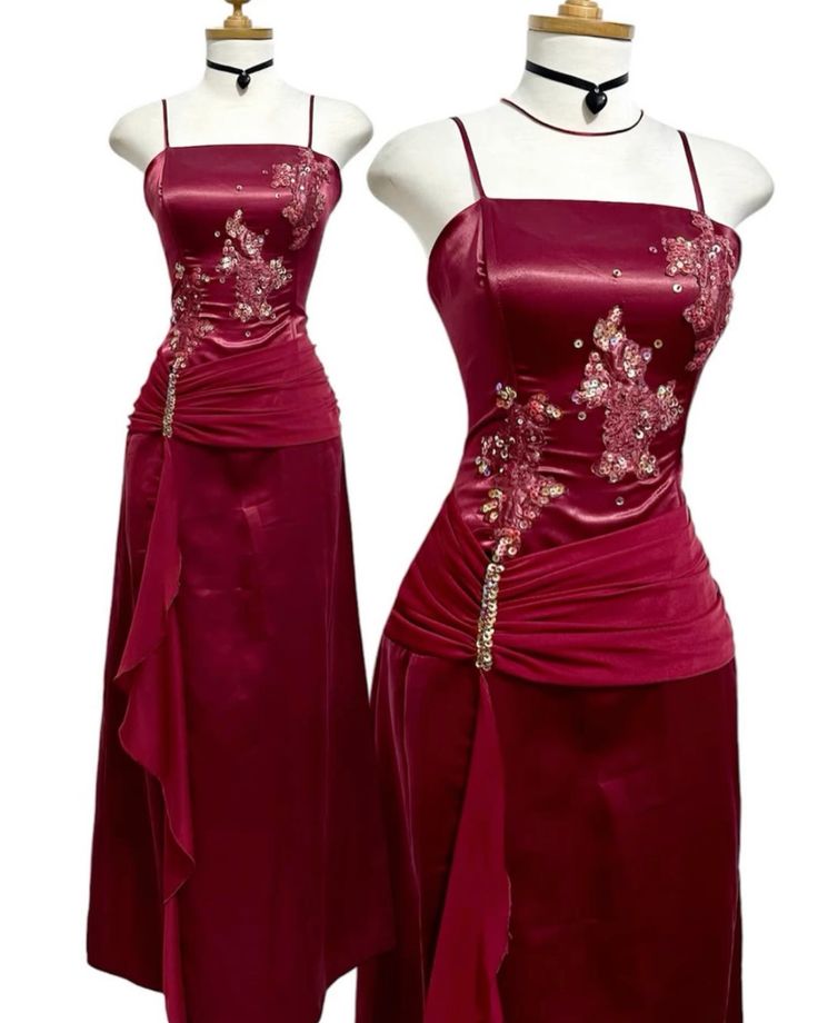Vintage wine red suspender satin sequin A-line prom dress evening dress TP2582