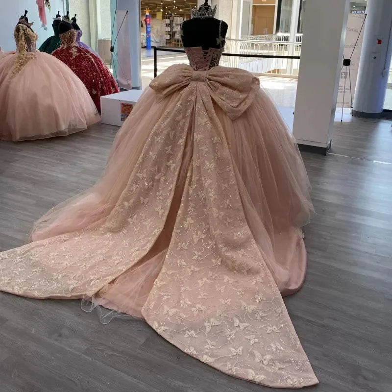 Sweet Pink Bow Tulle Butterfly A-Line Tutu Prom Dress Evening Gown TP2584