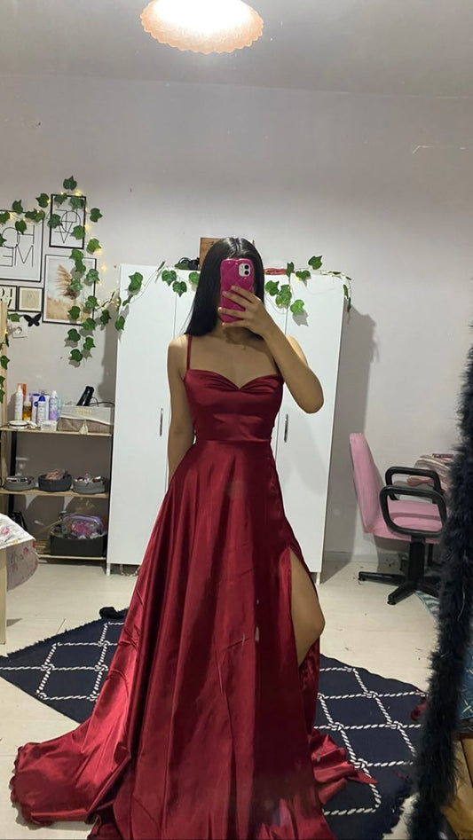 Simple Burgundy Satin Strap Slit Floor Length Prom Dress Evening Dress TP2587