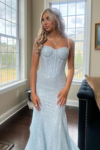 Shiny Light Blue Spaghetti Strap Beaded Floor-Length Prom Dress Evening Dress TP2597