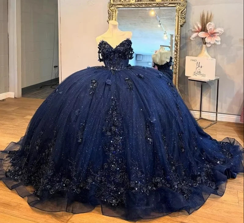Navy Blue Tutu A-line Off-shoulder Sequined Tulle Floor-length Prom Dress Evening Dress TP2604