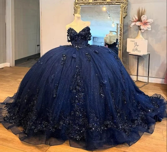 Navy Blue Tutu A-line Off-shoulder Sequined Tulle Floor-length Prom Dress Evening Dress TP2604