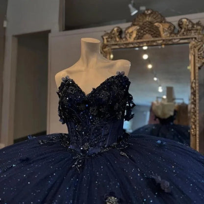 Navy Blue Tutu A-line Off-shoulder Sequined Tulle Floor-length Prom Dress Evening Dress TP2604