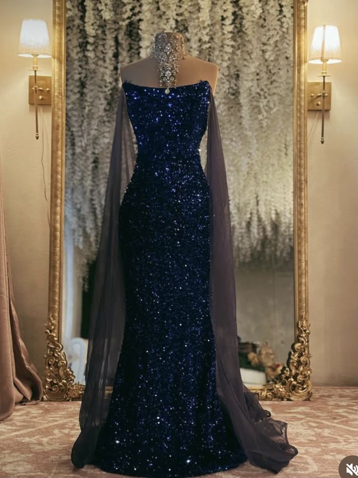 Gorgeous Navy Off Shoulder Sleeveless Sequin Mermaid Formal Prom Dress Evening Gown TP2607