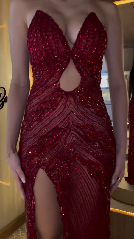 Shiny Burgundy Off-the-shoulder Sequined High Slit Mermaid Floor-length Prom Dress Evening Dress TP2609
