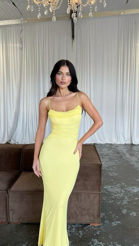 Simple Yellow Mermaid Suspender Ankle Prom Dress Evening Gown TP2611