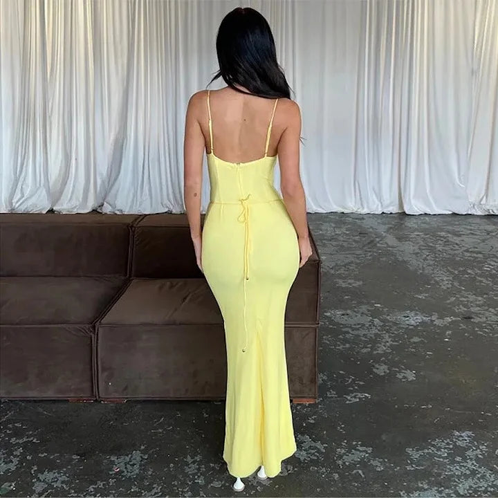 Simple Yellow Mermaid Suspender Ankle Prom Dress Evening Gown TP2611