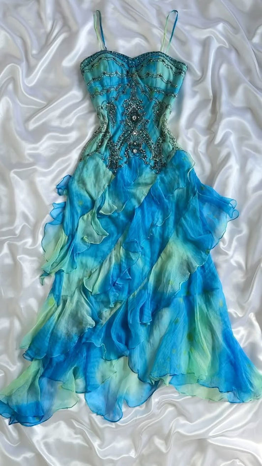 Retro Gradient Blue Suspender Chiffon Ruffle Beaded Prom Dress Evening Gown TP2616